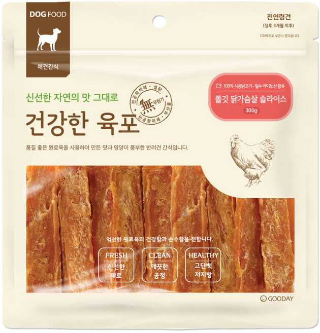 굿데이 강아지 건강한 육포, 쫄깃 닭가슴살 슬라이스, 300g, 1개