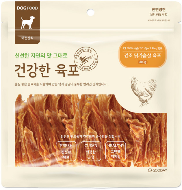 굿데이 강아지 건강한 육포, 건조 닭가슴살, 300g, 1개