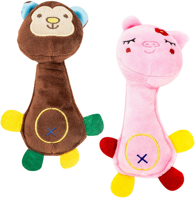 딩동펫 강아지 장난감 원숭이인형 + 돼지인형, 혼합색상, 1세트