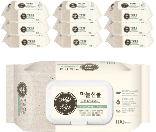 하늘선물 유아 물티슈 캡형, 100매, 10개
