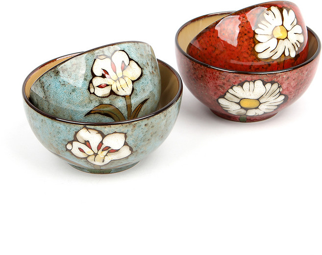 로얄에식스 소담 공기 2p + 대접 2p 세트, 레드, 스카이블루, 1세트