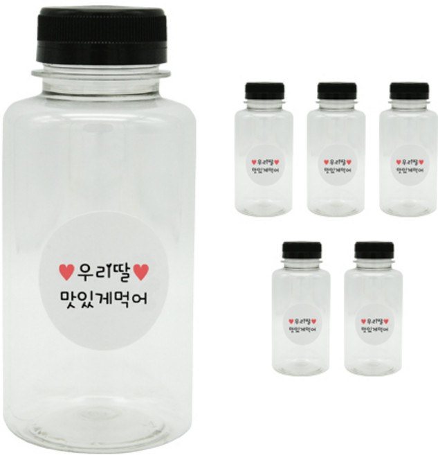 도나앤데코 일자보틀 검정뚜껑 6p + 우리딸맛있게먹어 스티커 6p, 혼합 색상, 250ml, 1개