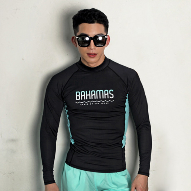 펀한커플 바하마 민트절개 남성용 래쉬가드 상의, 블랙 + 민트