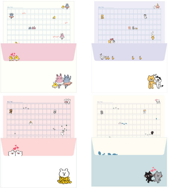 톡톡팬시 원고지 편지지 4종 세트, 곰친구병아리 + 신난고양이 + 사이좋은동물들 + 춤추는동물, 1개