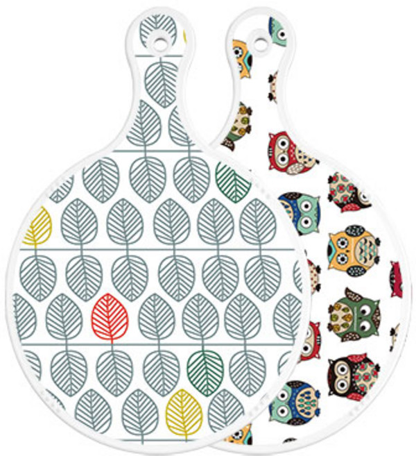 로엠디자인 양면 원형 서빙도마 보드 나뭇잎패턴, Cute부엉이, 1개