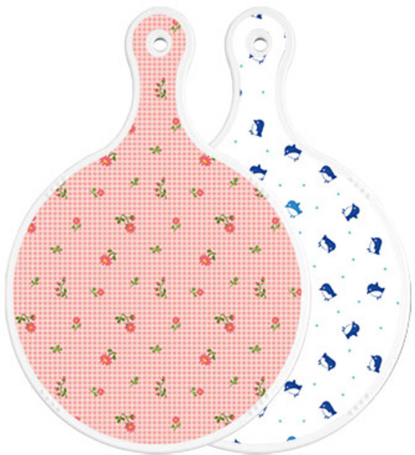 로엠디자인 양면 원형 서빙도마 보드 핑크플라워체크, 팽귄, 1개