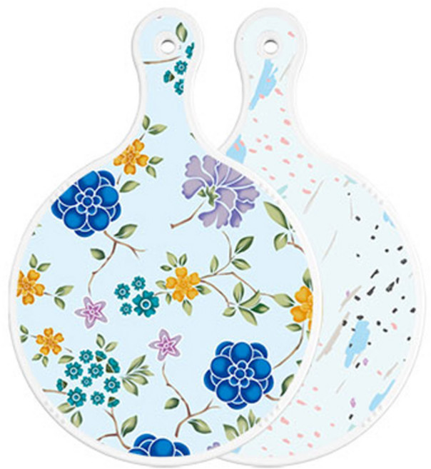 로엠디자인 양면 원형 서빙 도마 보드 로맨틱블루floral비색, 자국옥색, 1개