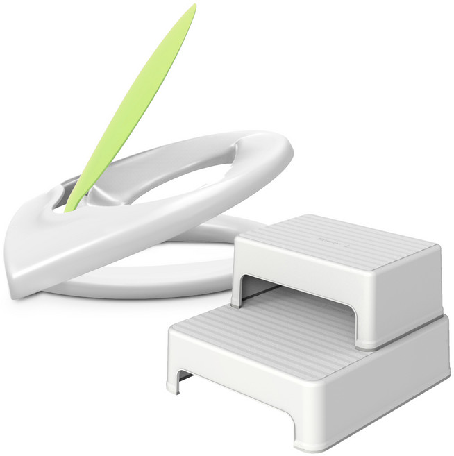 두리 2 in 1 변기커버 + 2단 디딤대, 화이트, 그린