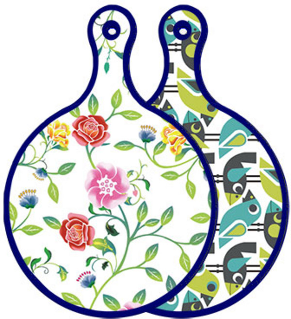 ROEM DESIGN 藍色版 雙面圓形砧板托盤 浪漫玫瑰, 鳥, 1個