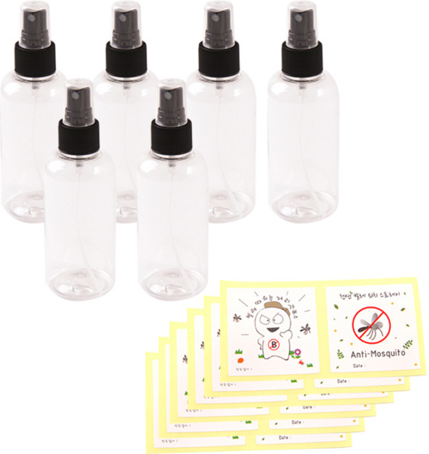 봄91 원형 스프레이 용기 150ml 4.5 x 12 cm x 6p + 2종 벌레퇴치 버그맨 사각스티커 6p, 혼합 색상, 1세트