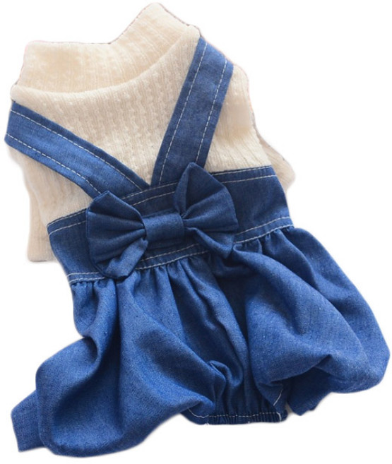 반려동물 멜빵 리본데님 올인원, 청블루