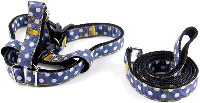 리빙조이 반려동물 데님 도트 리드줄 하네스 L, 블랙, 1세트