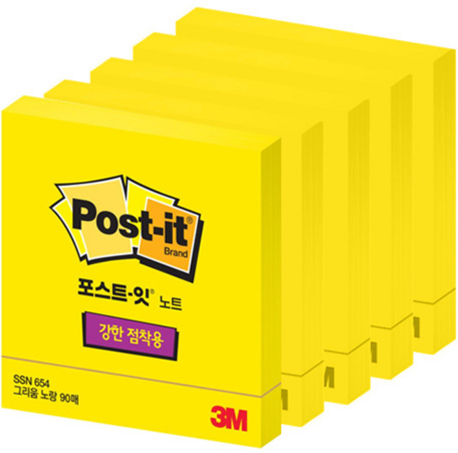 포스트잇 강한점착용 노트 메모지 중간형 정사각 SSN 654, 그리움노랑, 90매, 5개