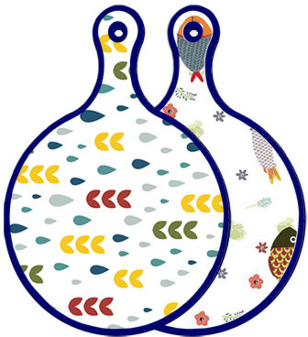 ROEM DESIGN 藍色版 雙面圓形砧板 雨水與新芽圖案, 魚圖案, 1個