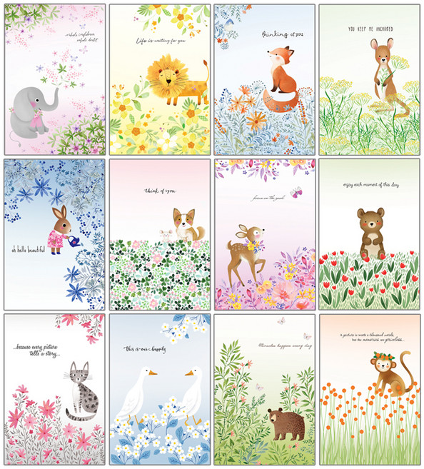 마음담아 동화속동물 엽서 세트, 혼합색상, 12장