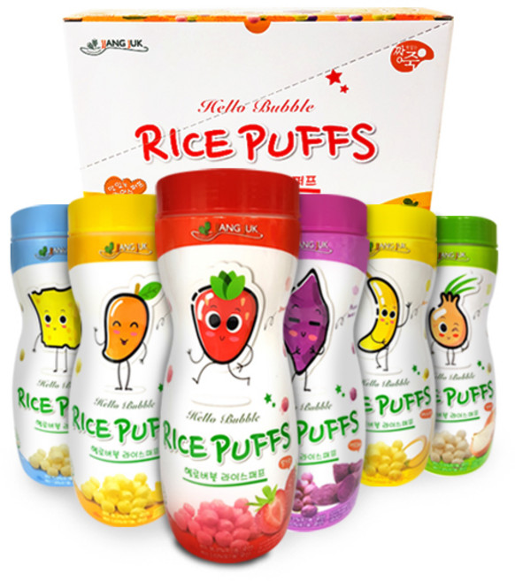 짱죽 헬로 버블 라이스 퍼프 유아 간식, 딸기맛 + 망고맛 + 바나나맛 + 양파맛 + 자색고구마맛 + 치즈 혼합맛, 6개, 60g