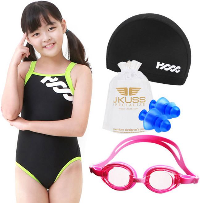 후그 여자아동 X-back 원피스수영복 GXA115 + 수경 + 수모 + 귀마개 + 폴리백 세트