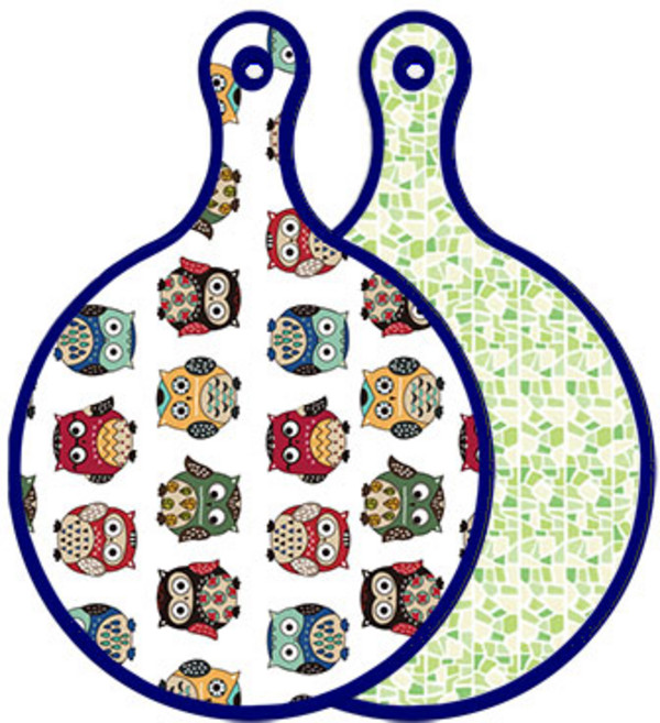 로엠디자인 블루에디션 양면 원형 서빙도마 보드 Cute부엉이, 그린타일, 1개