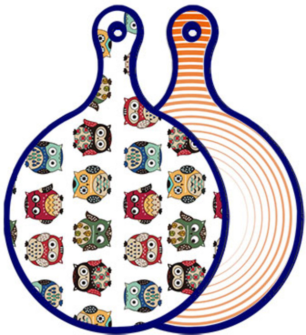 로엠디자인 블루에디션 양면 원형 서빙도마 보드 Cute부엉이, 배추라인주황, 1개