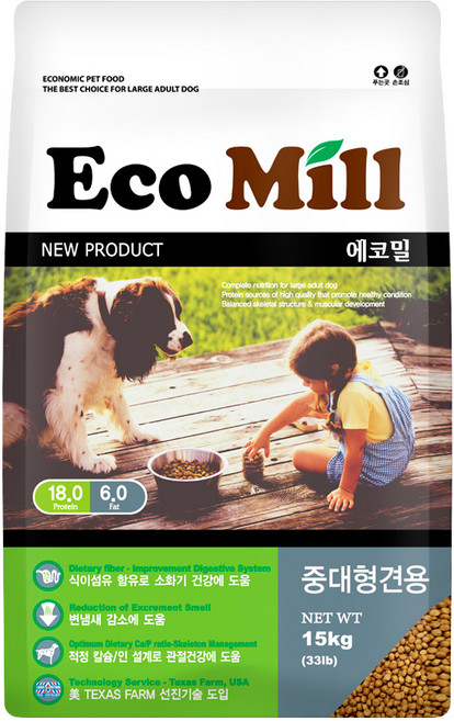 사조투펫 전연령용 에코밀 강아지 사료, 곡물, 15kg, 1개