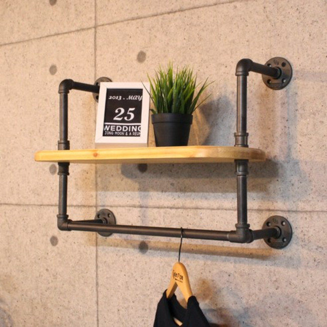 인파이프 BSH300 파이프원목 멀티 벽선반_고무나무 엔틱 벽선반, 파이프규격15A-900-300