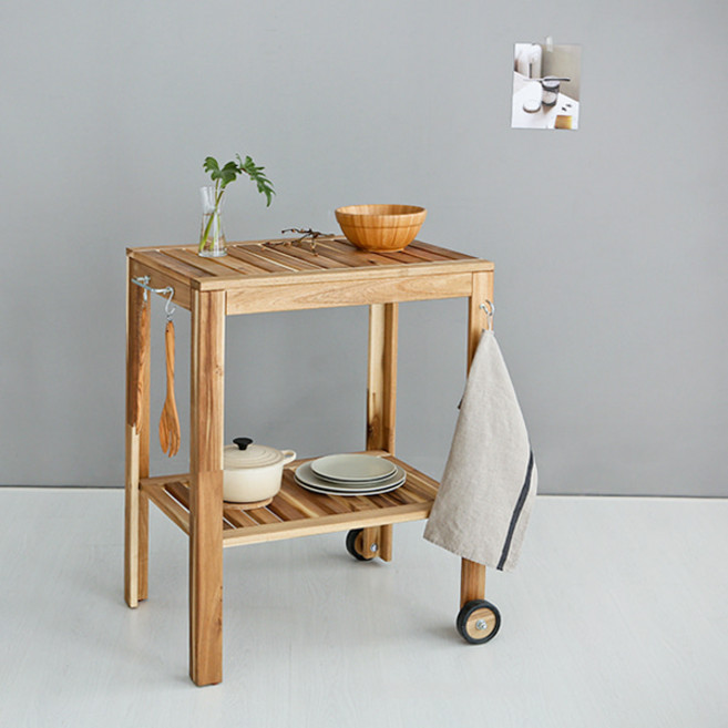 마켓비 TANG 아카시아 원목트롤리, 내추럴, 2단