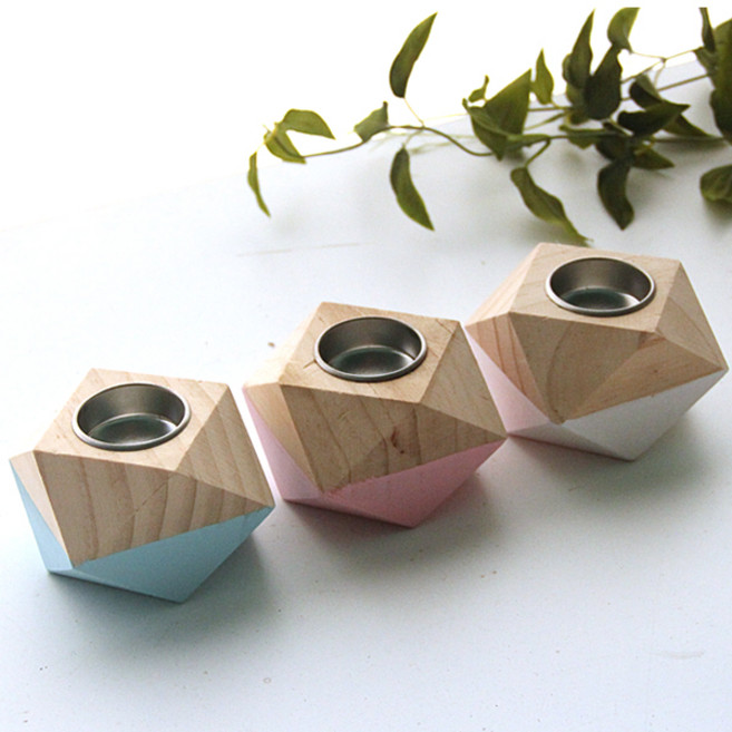 리버그린 컬러 우드 다각 캔들홀더 3p 세트, 화이트, 핑크, 블루