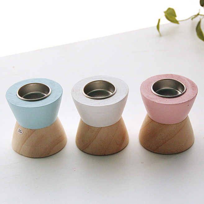 리버그린 컬러 우드 캔들홀더 3p 세트, 화이트, 핑크, 블루