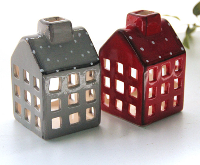 리버그린 도자기 하우스 캔들홀더 2p 세트, 그레이, 레드