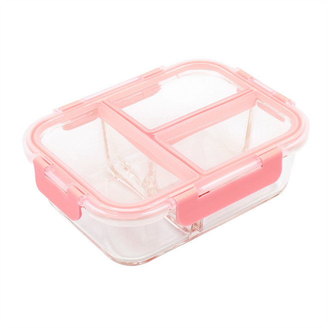 그린코리아 글라스 듀 직사각 내열유리 세칸찬통 핑크, 1040ml, 1개