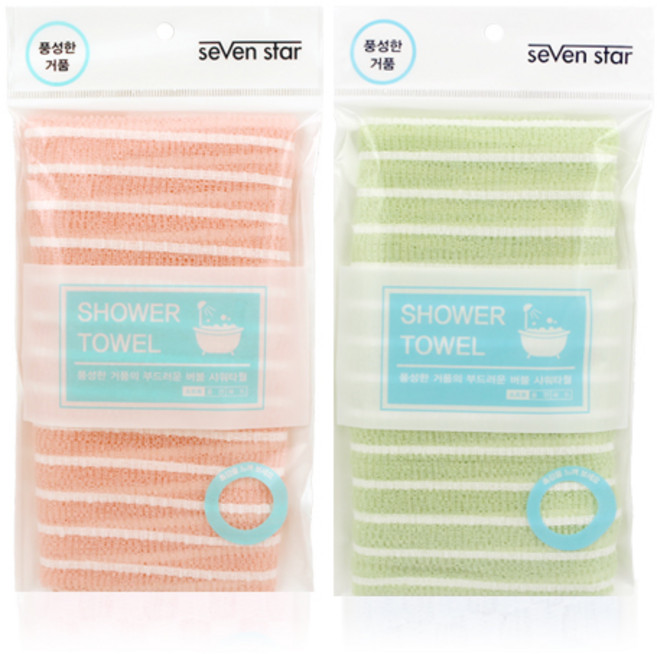 세븐스타 스트라이프 샤워타월 세트, 핑크+그린, 1세트, 2개입