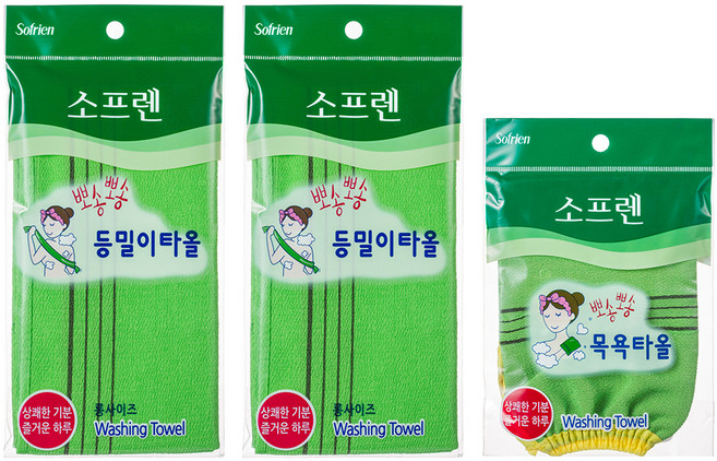 소프렌 등밀이 타월 2p + 양면 목욕장갑, 혼합색상, 1세트, 1개입
