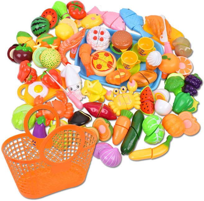 피크닉 패스트푸드 과일 야채 56종 소꿉놀이 세트 + 시장바구니, 혼합색상, 1세트