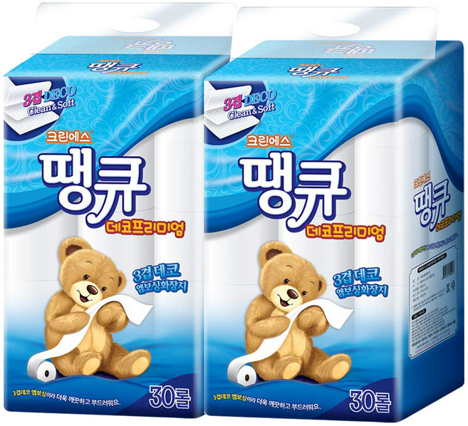 땡큐 3겹 데코 프리미엄 엠보싱 화장지, 15m, 30롤, 2개