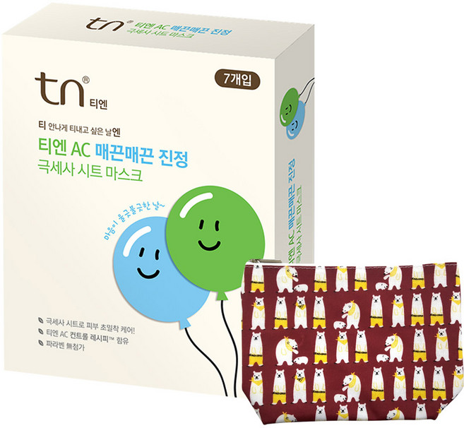 티엔 매끈매끈 진정 극세사 시트 마스크팩 7p + 파우치 랜덤 발송, 7개입, 1세트