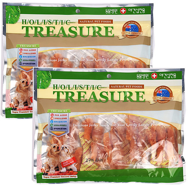 트레져 강아지용 육포 간식 포장지 랜덤 발송, 고구마 사사미, 400g, 2개