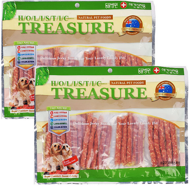 트레져 강아지 간식 포장지 랜덤 발송, 소고기 라이스 져키, 400g, 2개