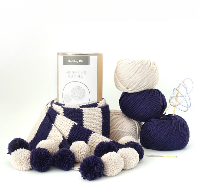 멜로우 투톤 폼폼목도리 니팅 뜨개질 키트, 1세트, 네이비 + 쿨베이지