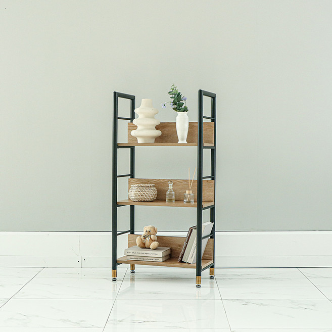 제련공단 원형 프레임 책장 오픈형 방문설치, 아카시아 + 블랙, 3단