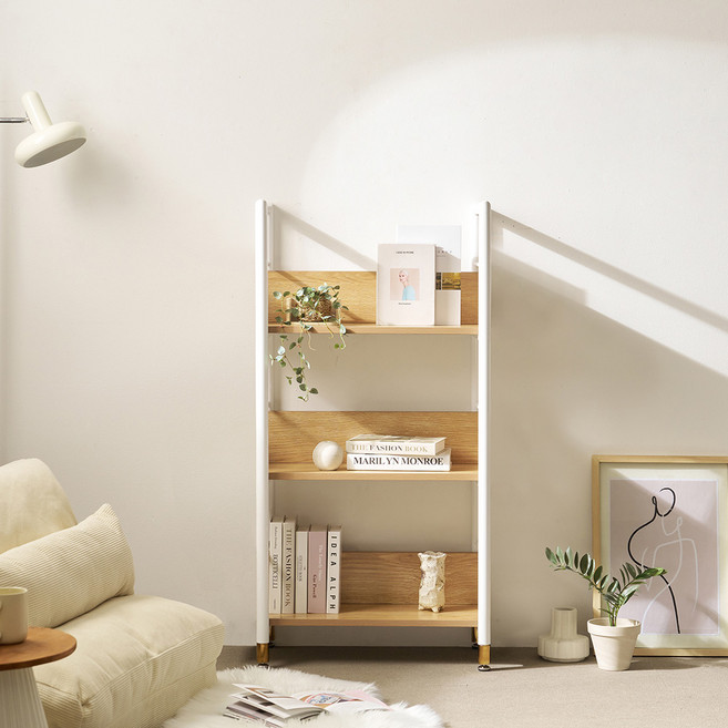 제련공단 원형 프레임 책장 오픈형 방문설치, 아카시아 + 화이트, 3단