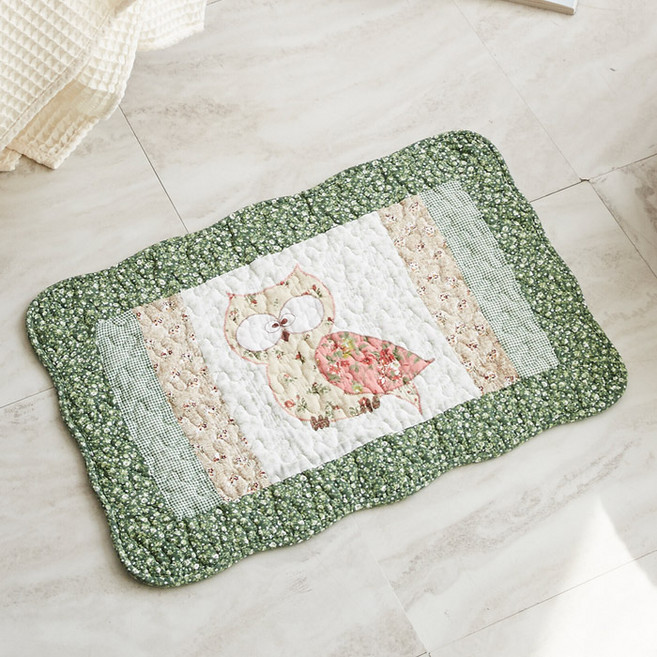 순면 워싱 발매트, 플라워부엉이그린