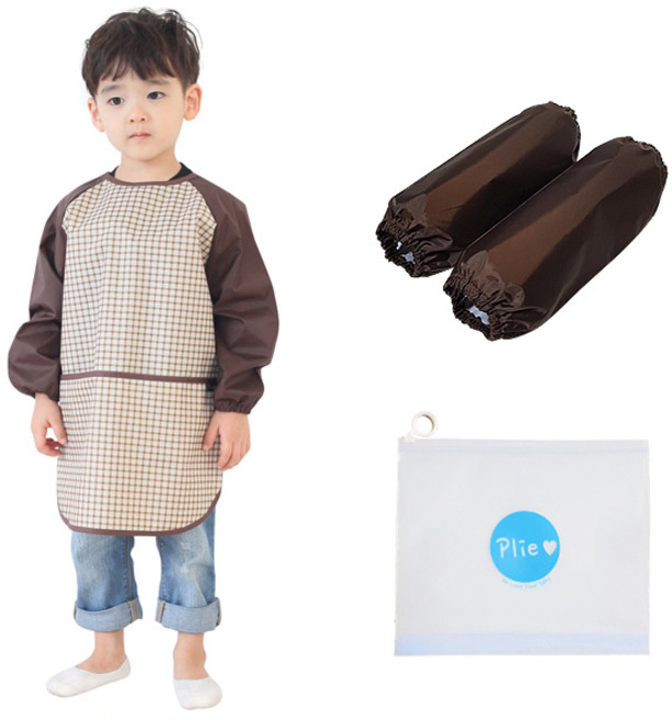 플리에 아동용 긴소매 앞치마 브라운 체크 + 팔토시 + 지퍼백