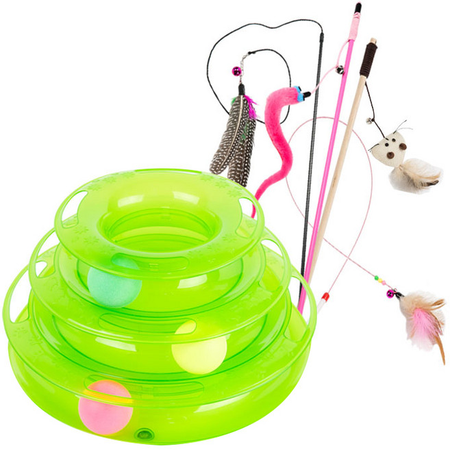 딩동펫 고양이장난감 캣타워트랙 그린 + 낚시대 장난감 4종 A세트, 혼합 색상, 1세트