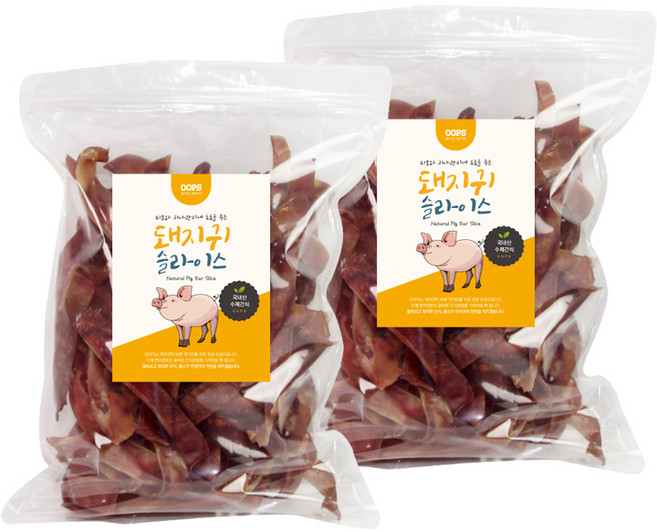 웁스 강아지 국내산 슬라이스 오리지널 간식, 돼지귀, 500g, 2개