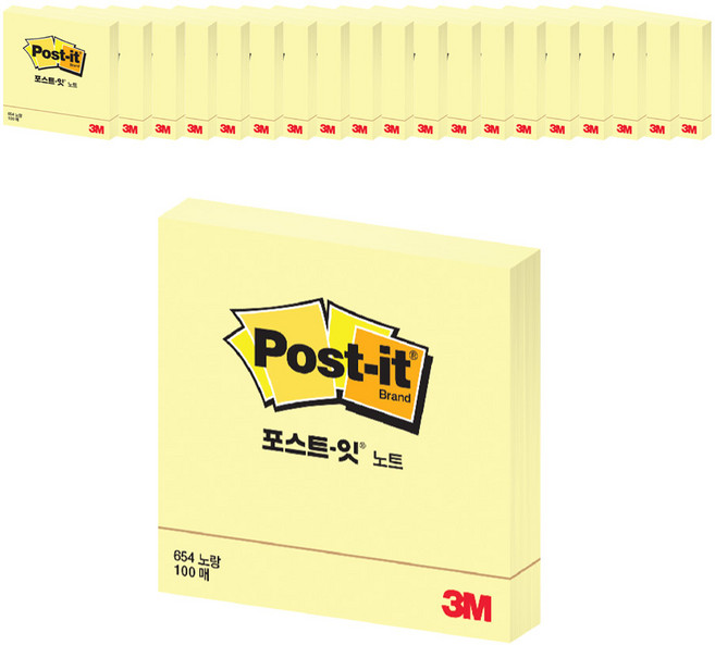 포스트잇 노트 접착메모지 654, 노랑, 100매, 20개