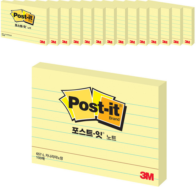 포스트잇 노트 접착메모지 657, 카나리아노랑, 100매, 15개