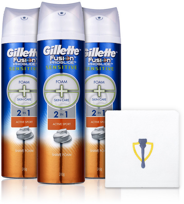 질레트 퓨전 프로글라이드 센서티브 2in1 액티브스포츠 쉐이빙폼 245g x 3p + 타월, 1세트