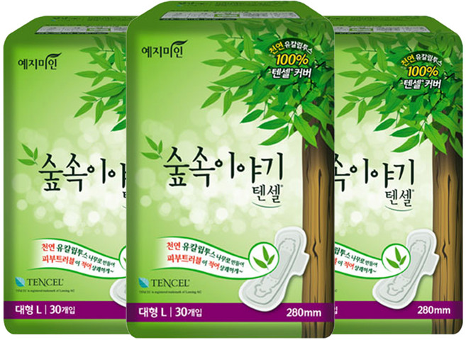 예지미인 숲속이야기 텐셀 생리대 날개형, 대형, 30개입, 3개