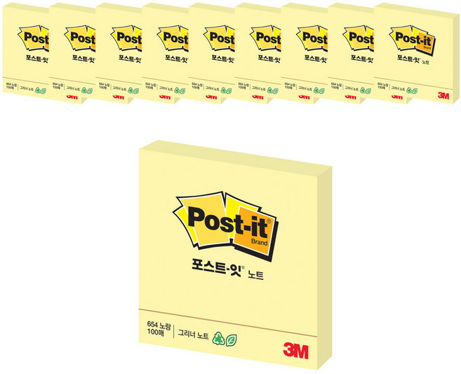 포스트잇 그리너 노트 654 76 x 76 mm, 노랑, 1개, 10개