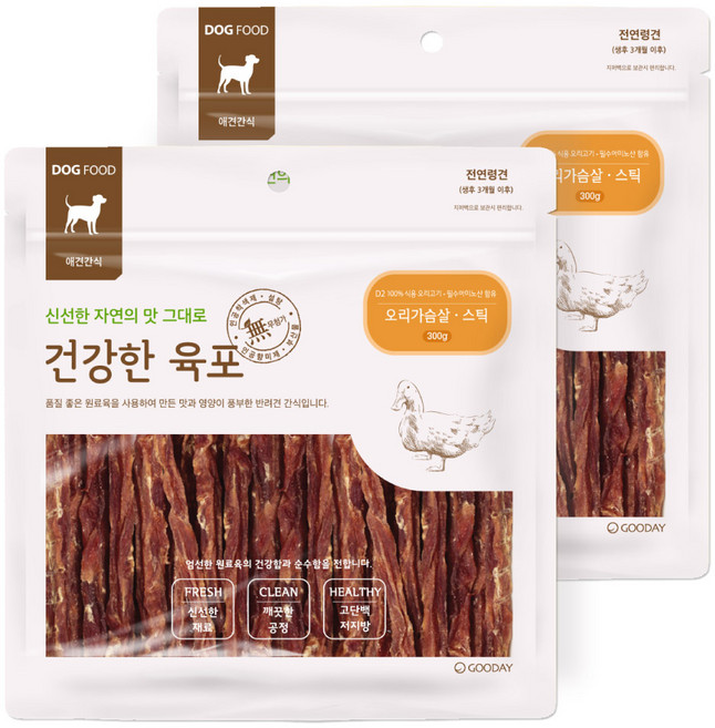 굿데이 강아지 건강한 육포, 오리가슴살 스틱, 300g, 2개